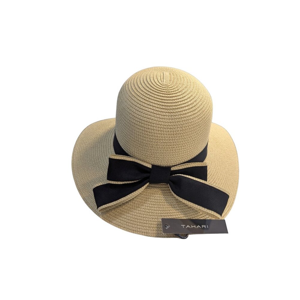 Tahari Straw Sun Hat Black Ribbon Back Bow NWT One Size - Picture 2 of 7